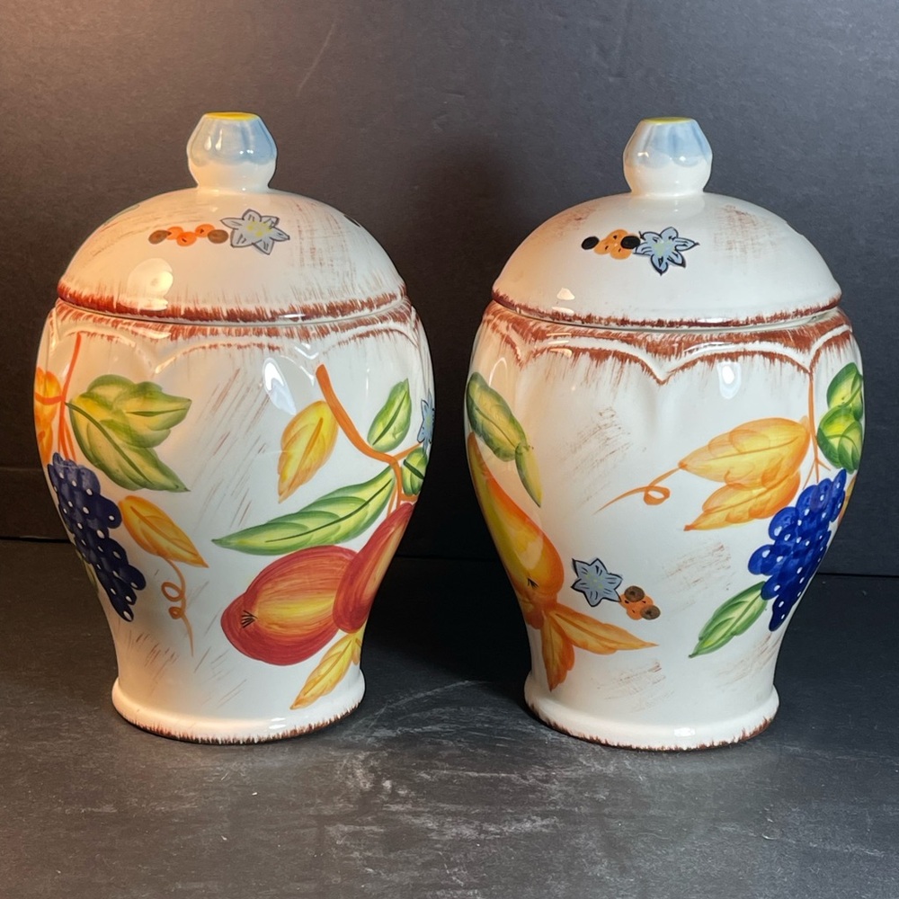 2 Ceramic Hand Painted Biscotti Jar Grapes Vine Plums Peaches Pears Flowers. T60